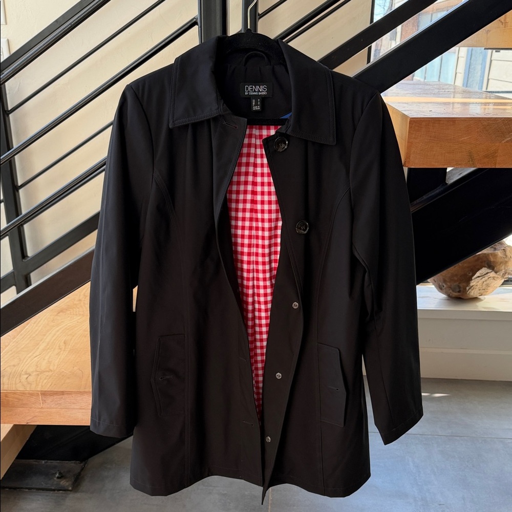 Dennis Basso Black Trench Coat with Red Checkered Lining